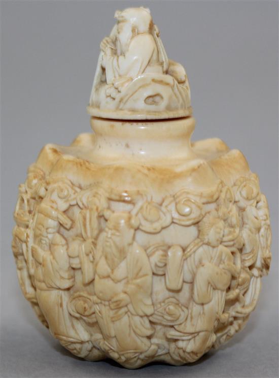 A rare Chinese ivory eight immortals snuff bottle and stopper, 1800-1900, 6.5cm, Richards collection